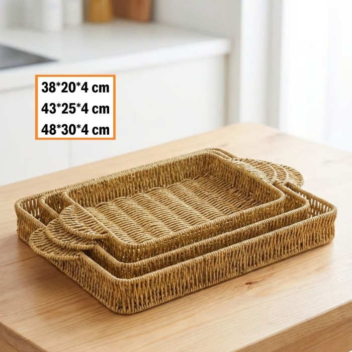 ® Yeni Ürün İç İçe Geçebilen 3’lü Dikdörtgen Plastik Rattan Tepsi Seti–Hasır Görünümlü Çok Amaçlı Servis ve Sunum Tepsileri