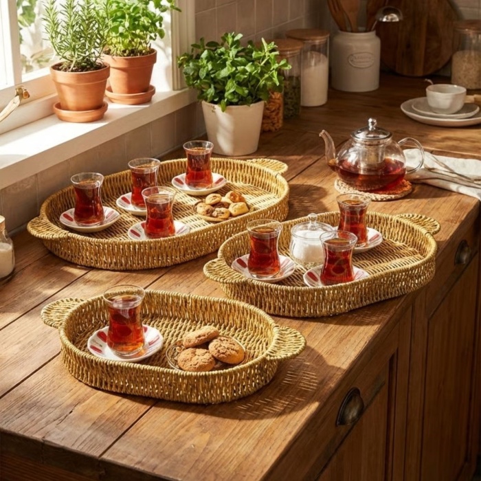 ® Yeni Ürün İç İçe Geçebilen 3’lü Oval Plastik Rattan Tepsi Seti–Hasır Görünümlü Çok Amaçlı Servis ve Sunum Tepsileri