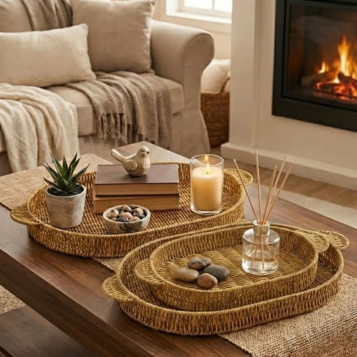 ® Yeni Ürün İç İçe Geçebilen 3’lü Oval Plastik Rattan Tepsi Seti–Hasır Görünümlü Çok Amaçlı Servis ve Sunum Tepsileri