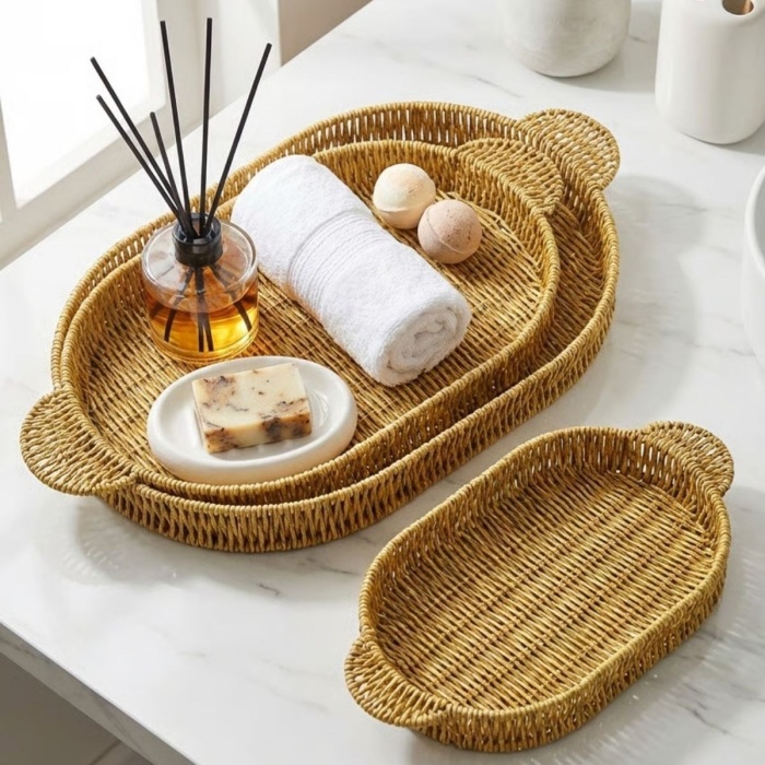 ® Yeni Ürün İç İçe Geçebilen 3’lü Oval Plastik Rattan Tepsi Seti–Hasır Görünümlü Çok Amaçlı Servis ve Sunum Tepsileri
