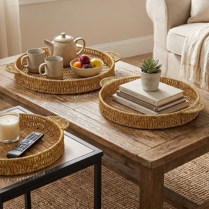 ® Yeni Ürün İç İçe Geçebilen 3’lü Yuvarlak Plastik Rattan Tepsi Seti–Hasır Görünümlü Çok Amaçlı Servis ve Sunum Tepsileri