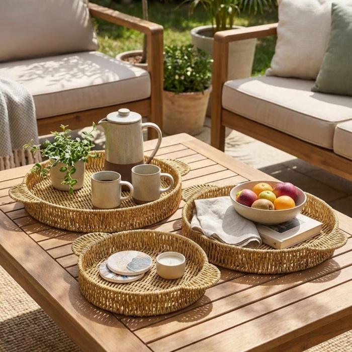 ® Yeni Ürün İç İçe Geçebilen 3’lü Yuvarlak Plastik Rattan Tepsi Seti–Hasır Görünümlü Çok Amaçlı Servis ve Sunum Tepsileri