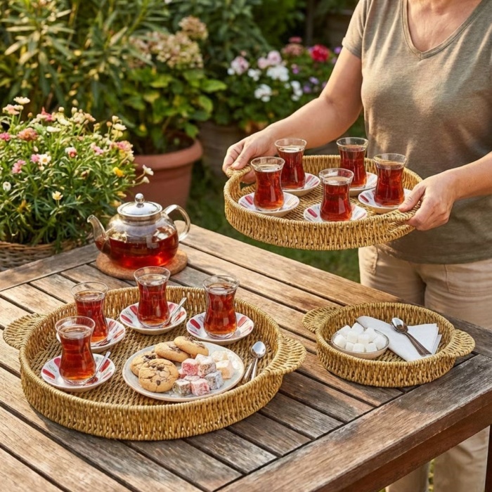 ® Yeni Ürün İç İçe Geçebilen 3’lü Yuvarlak Plastik Rattan Tepsi Seti–Hasır Görünümlü Çok Amaçlı Servis ve Sunum Tepsileri