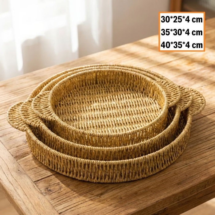 ® Yeni Ürün İç İçe Geçebilen 3’lü Yuvarlak Plastik Rattan Tepsi Seti–Hasır Görünümlü Çok Amaçlı Servis ve Sunum Tepsileri