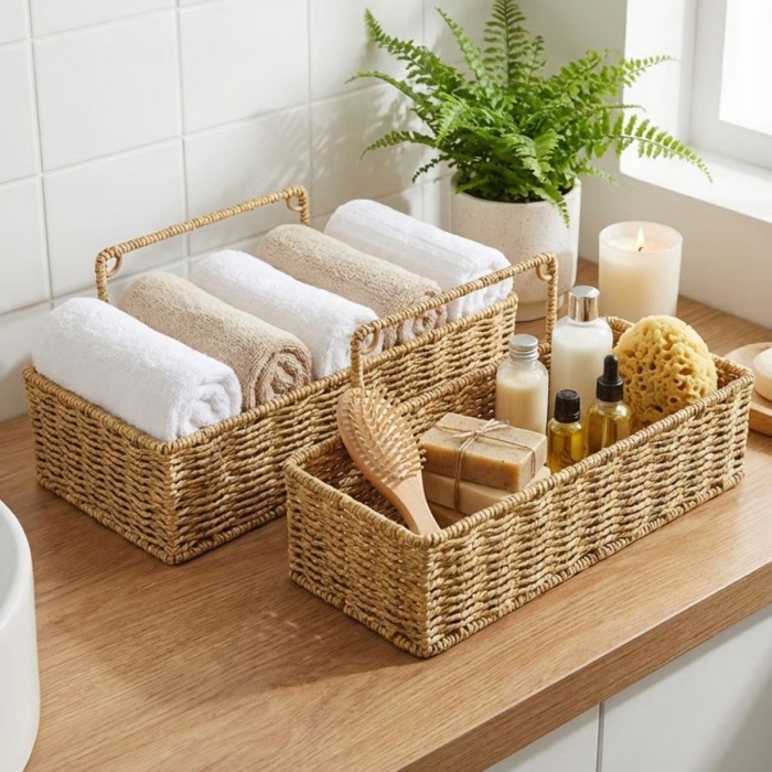 ® Yeni Ürün 2’li Duvar Askılı Plastik Rattan OrganizerDikdörtgen Hasır Görünümlü Mutfak Raf Sepeti, Banyo ve Ev İçi Düzenleme Ünitesi