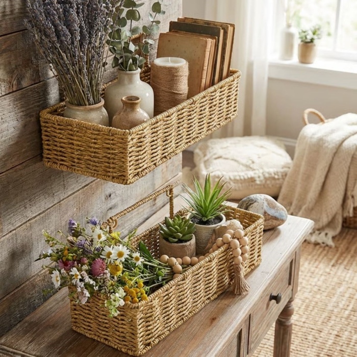 ® Yeni Ürün 2’li Duvar Askılı Plastik Rattan OrganizerDikdörtgen Hasır Görünümlü Mutfak Raf Sepeti, Banyo ve Ev İçi Düzenleme Ünitesi