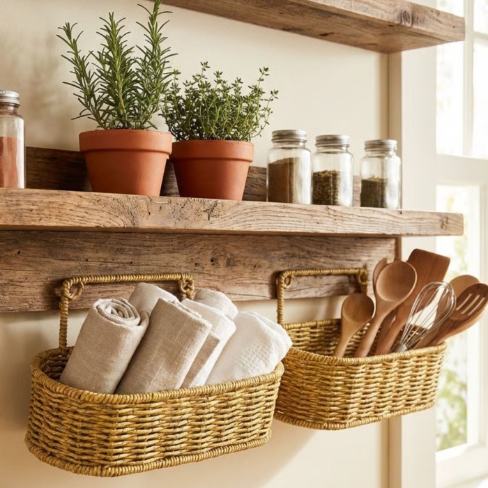 ® Yeni Ürün 2’li Duvar Askılı Plastik Rattan OrganizerOval Hasır Görünümlü Mutfak Raf Sepeti, Banyo ve Ev İçi Düzenleme Ünitesi