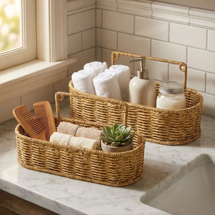 ® Yeni Ürün 2’li Duvar Askılı Plastik Rattan OrganizerOval Hasır Görünümlü Mutfak Raf Sepeti, Banyo ve Ev İçi Düzenleme Ünitesi