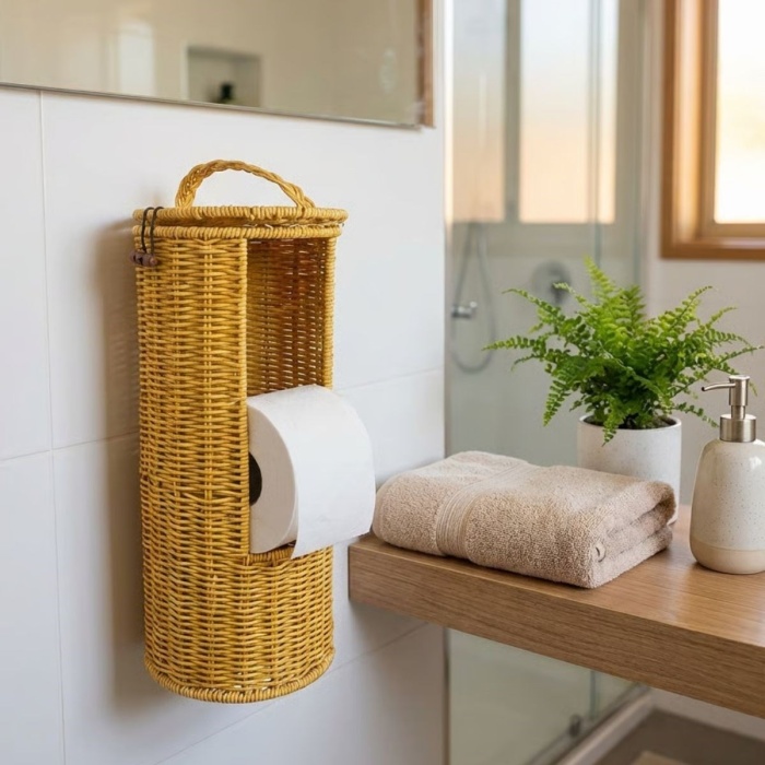 ® Yeni Ürün Askılı Plastik Rattan Tuvalet Kâğıdı StandıHasır Görünümlü, Kapaklı, Yedekli WC Kâğıtlık, Banyo ve Tuvalet İçin Dekoratif Organizer