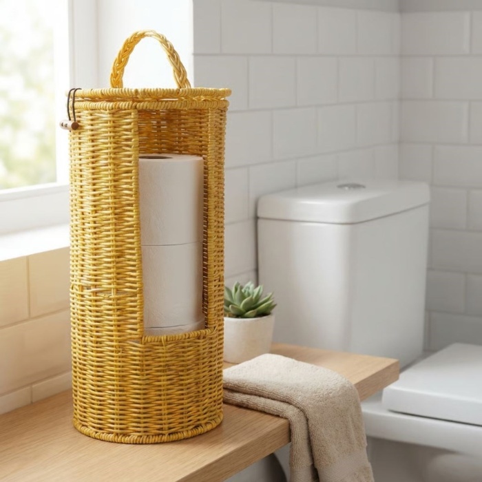 ® Yeni Ürün Askılı Plastik Rattan Tuvalet Kâğıdı StandıHasır Görünümlü, Kapaklı, Yedekli WC Kâğıtlık, Banyo ve Tuvalet İçin Dekoratif Organizer