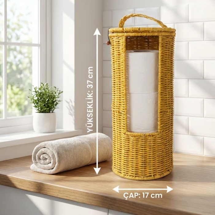 ® Yeni Ürün Askılı Plastik Rattan Tuvalet Kâğıdı StandıHasır Görünümlü, Kapaklı, Yedekli WC Kâğıtlık, Banyo ve Tuvalet İçin Dekoratif Organizer