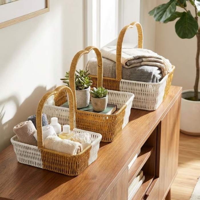 ® Yeni Ürün İç İçe Geçebilen 3’lü Çift Renkli Dikdörtgen Formlu Kalp Saplı Plastik Rattan Sepet SetiHasır Görünümlü Çok Amaçlı Organizerler