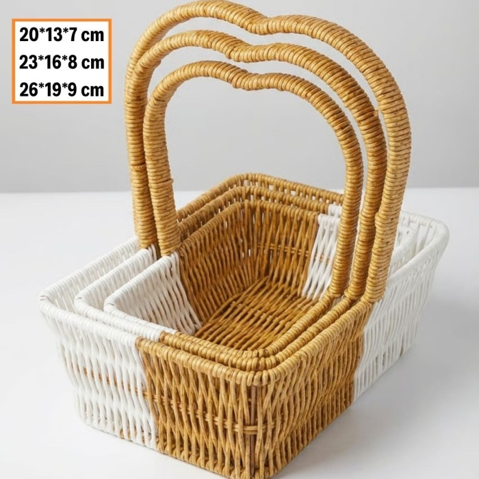 ® Yeni Ürün İç İçe Geçebilen 3’lü Çift Renkli Dikdörtgen Formlu Kalp Saplı Plastik Rattan Sepet SetiHasır Görünümlü Çok Amaçlı Organizerler