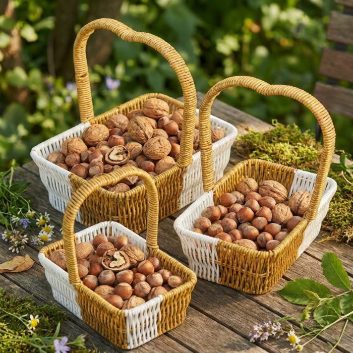 ® Yeni Ürün İç İçe Geçebilen 3’lü Çift Renkli Dikdörtgen Formlu Kalp Saplı Plastik Rattan Sepet SetiHasır Görünümlü Çok Amaçlı Organizerler