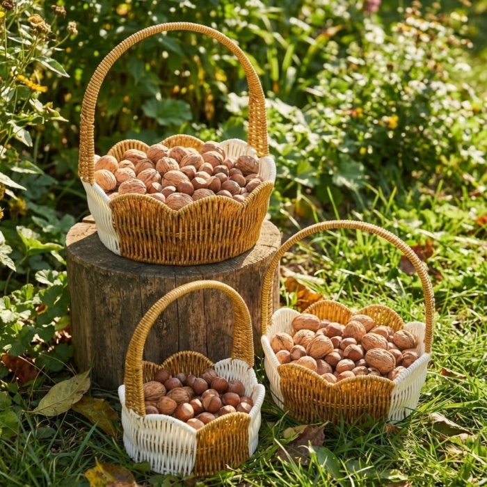 ® Yeni Ürün İç İçe Geçebilen 3’lü Çift Renkli Yuvarlak Dalgalı Formlu Saplı Plastik Rattan Sepet SetiHasır Görünümlü Çok Amaçlı Organizerler