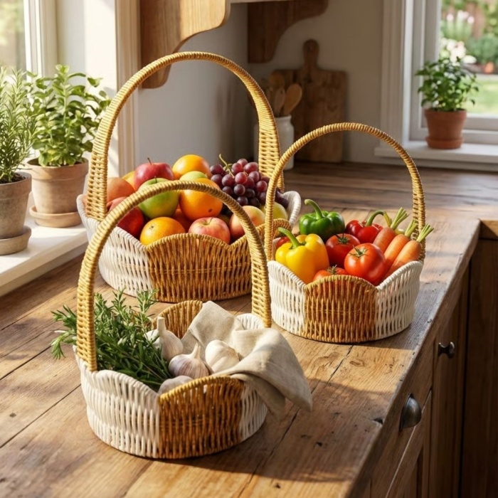 ® Yeni Ürün İç İçe Geçebilen 3’lü Çift Renkli Yuvarlak Dalgalı Formlu Saplı Plastik Rattan Sepet SetiHasır Görünümlü Çok Amaçlı Organizerler