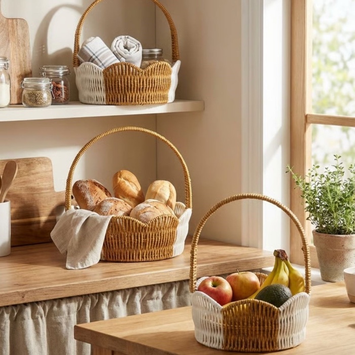 ® Yeni Ürün İç İçe Geçebilen 3’lü Çift Renkli Yuvarlak Dalgalı Formlu Saplı Plastik Rattan Sepet SetiHasır Görünümlü Çok Amaçlı Organizerler