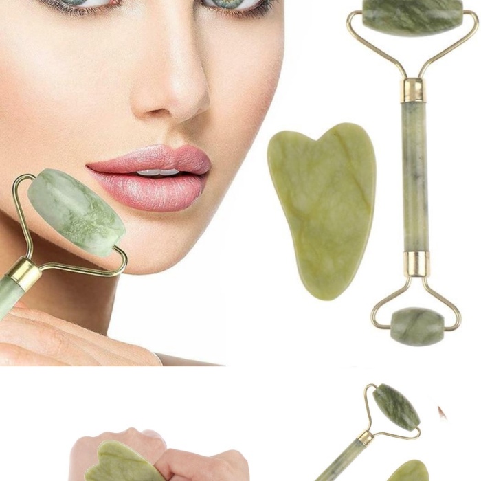 ® Yeni Ürün Çift Taraflı 2li Cilt Yüz Masaj Aleti Jade Roller Yeşim  Taşı Seti