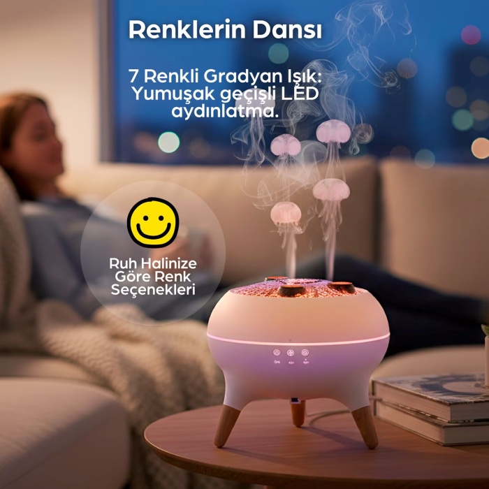 ® Yeni Ürün Jellyfish Ultrasonik Hava NemlendiriciDeniz Anası Tasarımlı, Kumandalı, LED Işıklı ve Sese Duyarlı Ritim Modlu Buhar Makinesi