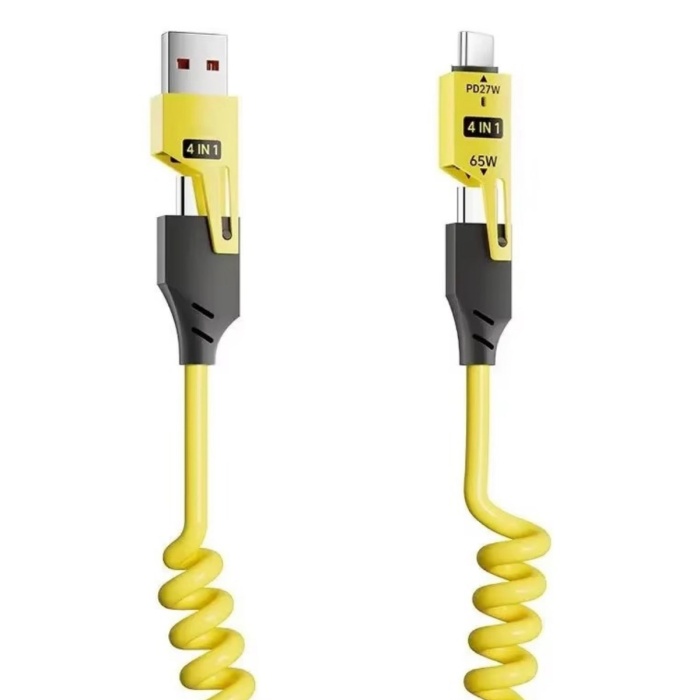 65W 4in1 Çoklu Şarj Kablosu Type-C Lightning Mikro USB Spiral 150cm Android Auto Uyumlu