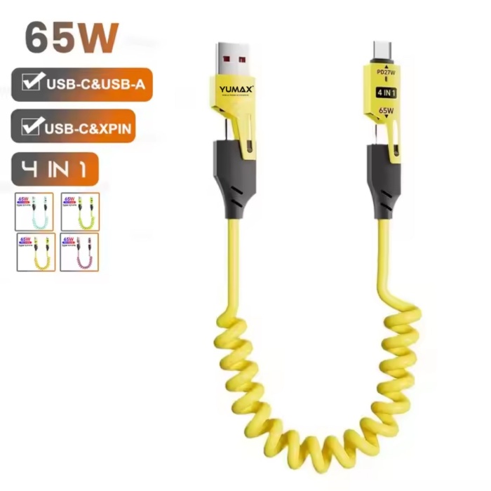 65W 4in1 Çoklu Şarj Kablosu Type-C Lightning Mikro USB Spiral 150cm Android Auto Uyumlu