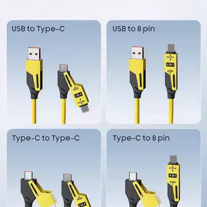 65W 4in1 Çoklu Şarj Kablosu Type-C Lightning Mikro USB Spiral 150cm Android Auto Uyumlu