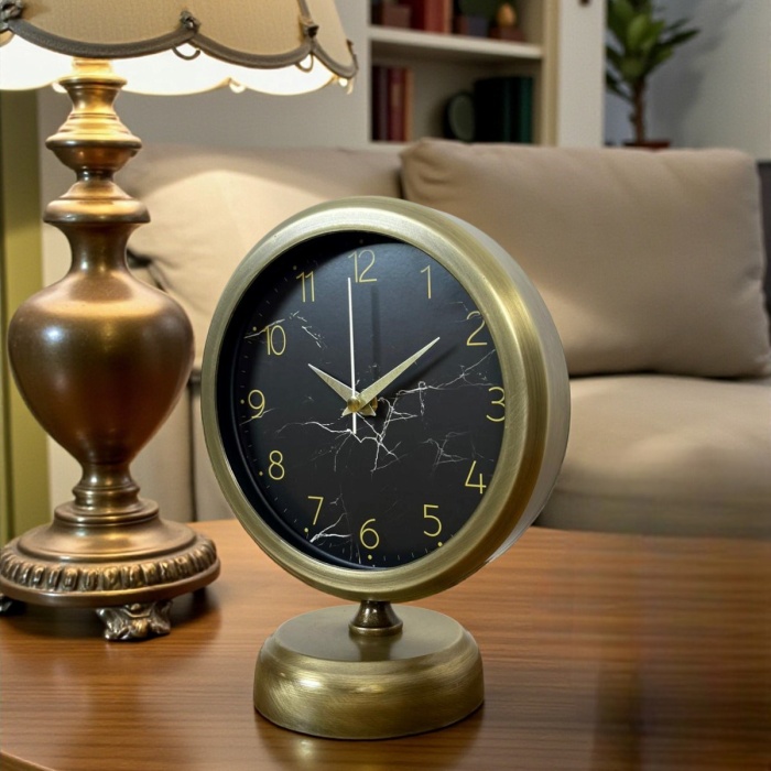 ® Yeni Ürün Eskitme Mermer Desenli 25 x 20 Cm Metal Masa Saati