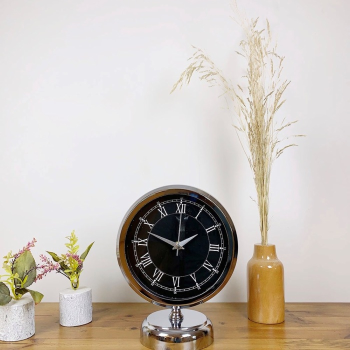 ® Yeni Ürün Krom Metal Siyah Retro Masa Saati 25×20 cm