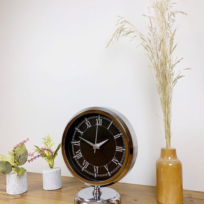 ® Yeni Ürün Krom Metal Siyah Retro Masa Saati 25×20 cm