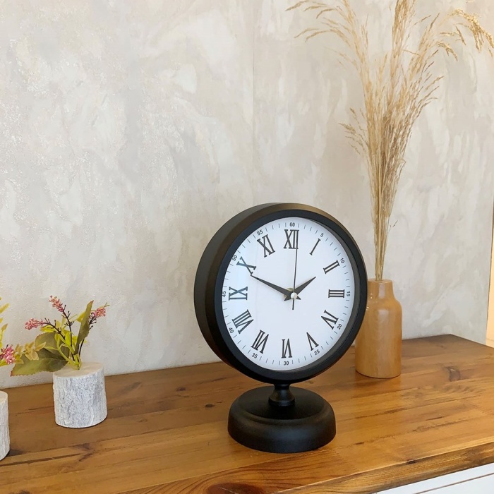 ® Yeni Ürün Siyah Metal Roma Rakamlı Masa Saati 25×20 cm