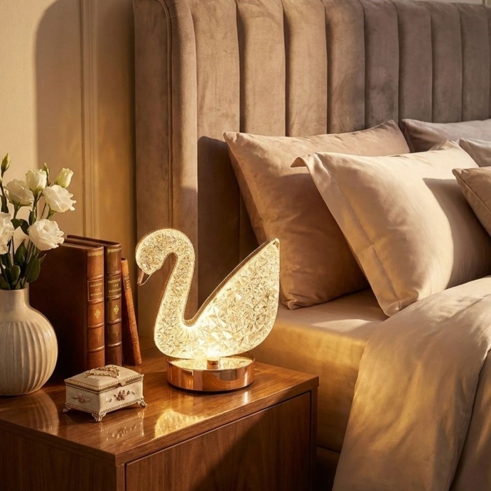 BUFFER® Kuğu Model Kristal LED Masa Lambası – Dokunmatik, 3 Renk Işık Modlu, Şarjlı Mini Dekoratif Gece Lambası