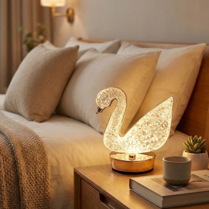 BUFFER® Kuğu Model Kristal LED Masa Lambası – Dokunmatik, 3 Renk Işık Modlu, Şarjlı Mini Dekoratif Gece Lambası