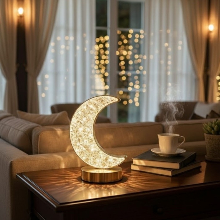 BUFFER® Hilal AY Model Kristal LED Masa Lambası – Dokunmatik, 3 Renk Işık Modlu, Şarjlı Mini Dekoratif Gece Lambası