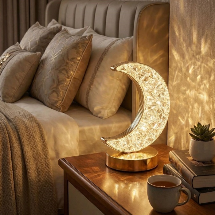 BUFFER® Hilal AY Model Kristal LED Masa Lambası – Dokunmatik, 3 Renk Işık Modlu, Şarjlı Mini Dekoratif Gece Lambası