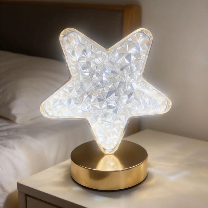BUFFER® Yıldız Model Kristal LED Masa Lambası – Dokunmatik, 3 Renk Işık Modlu, Şarjlı Mini Dekoratif Gece Lambası
