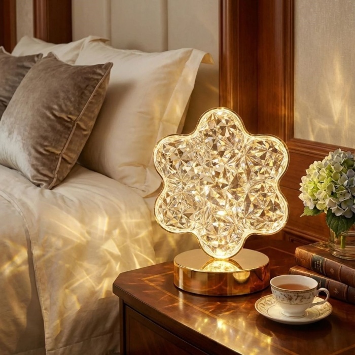 BUFFER® Çiçek Model Kristal LED Masa Lambası – Dokunmatik, 3 Renk Işık Modlu, Şarjlı Mini Dekoratif Gece Lambası