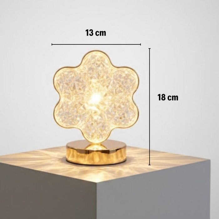 BUFFER® Çiçek Model Kristal LED Masa Lambası – Dokunmatik, 3 Renk Işık Modlu, Şarjlı Mini Dekoratif Gece Lambası