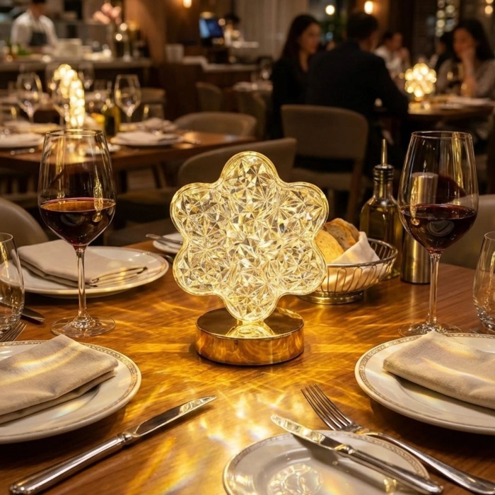 BUFFER® Çiçek Model Kristal LED Masa Lambası – Dokunmatik, 3 Renk Işık Modlu, Şarjlı Mini Dekoratif Gece Lambası