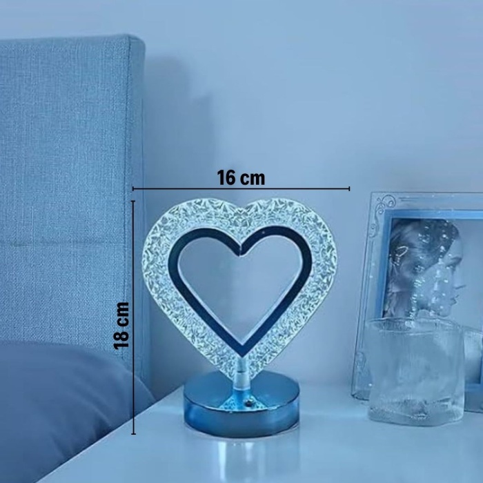 BUFFER® Kalp Şeklinde Kristal LED Masa Lambası – Dokunmatik, 3 Renk Işık Modlu, Şarjlı Mini Dekoratif Gece Lambası