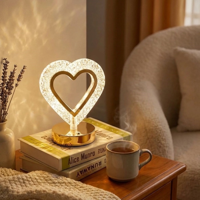 BUFFER® Kalp Şeklinde Kristal LED Masa Lambası – Dokunmatik, 3 Renk Işık Modlu, Şarjlı Mini Dekoratif Gece Lambası