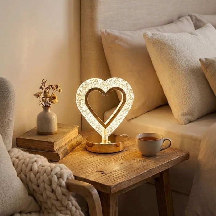 BUFFER® Kalp Şeklinde Kristal LED Masa Lambası – Dokunmatik, 3 Renk Işık Modlu, Şarjlı Mini Dekoratif Gece Lambası