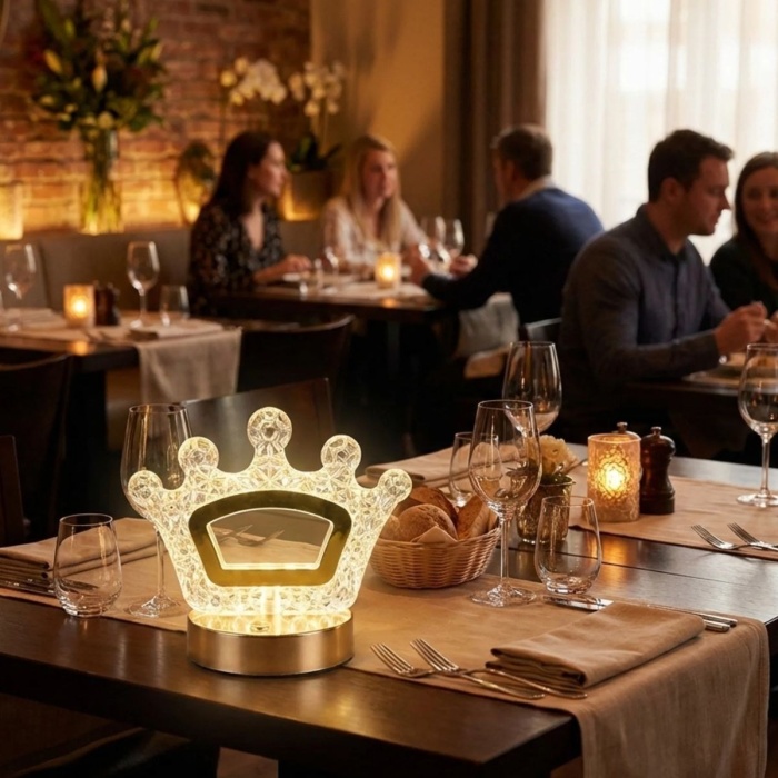 BUFFER® Kral Tacı Model Kristal LED Masa Lambası – Dokunmatik, 3 Renk Işık Modlu, Şarjlı Mini Dekoratif Gece Lambası