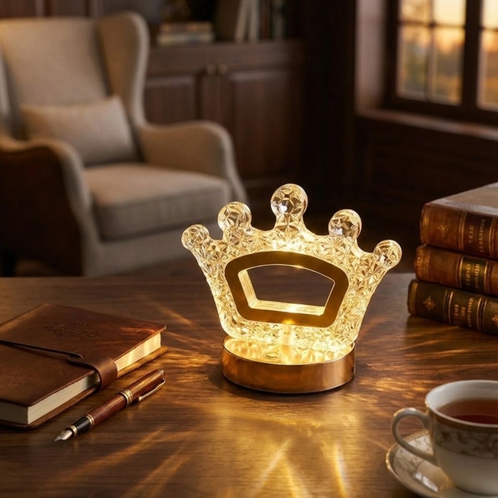 BUFFER® Kral Tacı Model Kristal LED Masa Lambası – Dokunmatik, 3 Renk Işık Modlu, Şarjlı Mini Dekoratif Gece Lambası