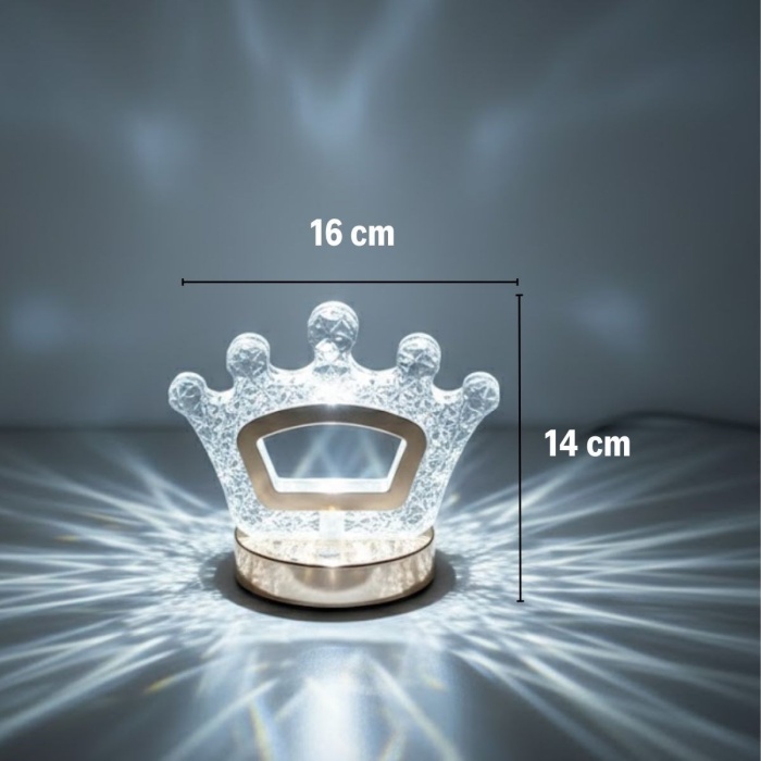 BUFFER® Kral Tacı Model Kristal LED Masa Lambası – Dokunmatik, 3 Renk Işık Modlu, Şarjlı Mini Dekoratif Gece Lambası