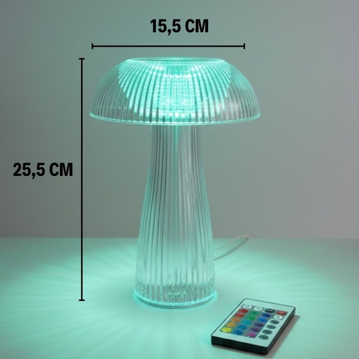 BUFFER® Şeffaf Mantar Model LED Masa Lambası –Kumandalı Şarjlı, Dokunmatik, Rengarek Işık Modlu Dekoratif Gece Lambası