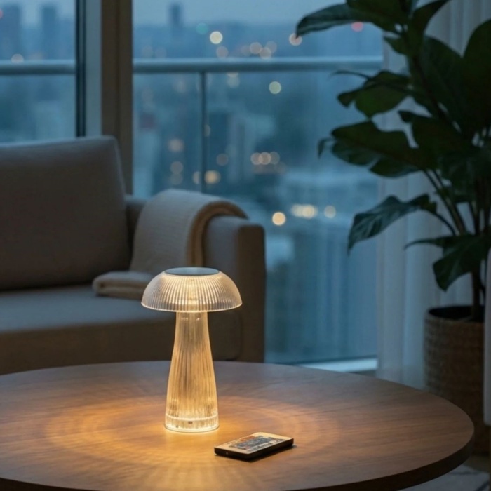 BUFFER® Şeffaf Mantar Model LED Masa Lambası –Kumandalı Şarjlı, Dokunmatik, Rengarek Işık Modlu Dekoratif Gece Lambası