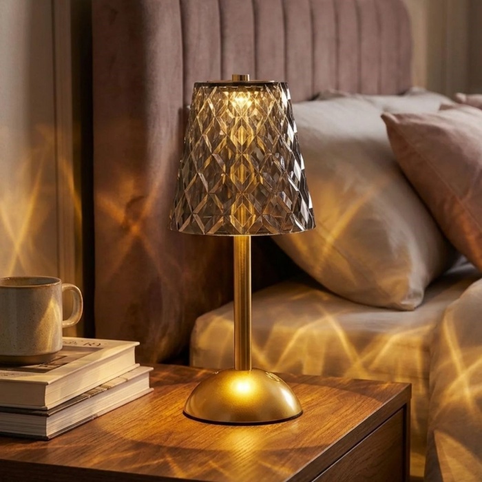 BUFFER® Uzun Klasik Gri Baklava Model LED Masa Lambası – Dokunmatik, 3 Renk Işık Modlu, Şarjlı Dekoratif Gece Lambası