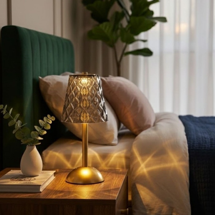 BUFFER® Uzun Klasik Gri Baklava Model LED Masa Lambası – Dokunmatik, 3 Renk Işık Modlu, Şarjlı Dekoratif Gece Lambası