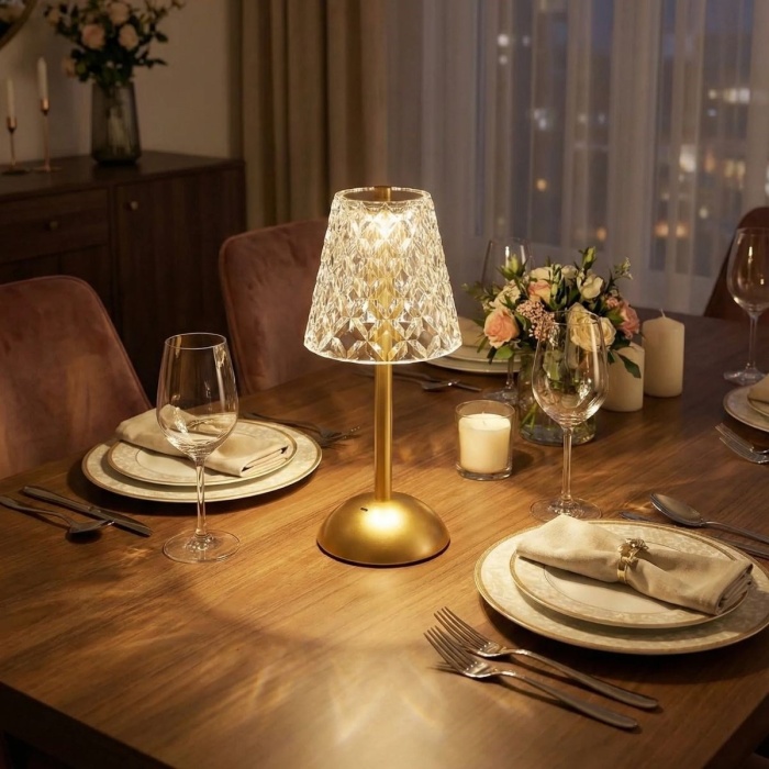 BUFFER® Uzun Klasik Şeffaf Baklava Model LED Masa Lambası – Dokunmatik, 3 Renk Işık Modlu, Şarjlı Dekoratif Gece Lambası