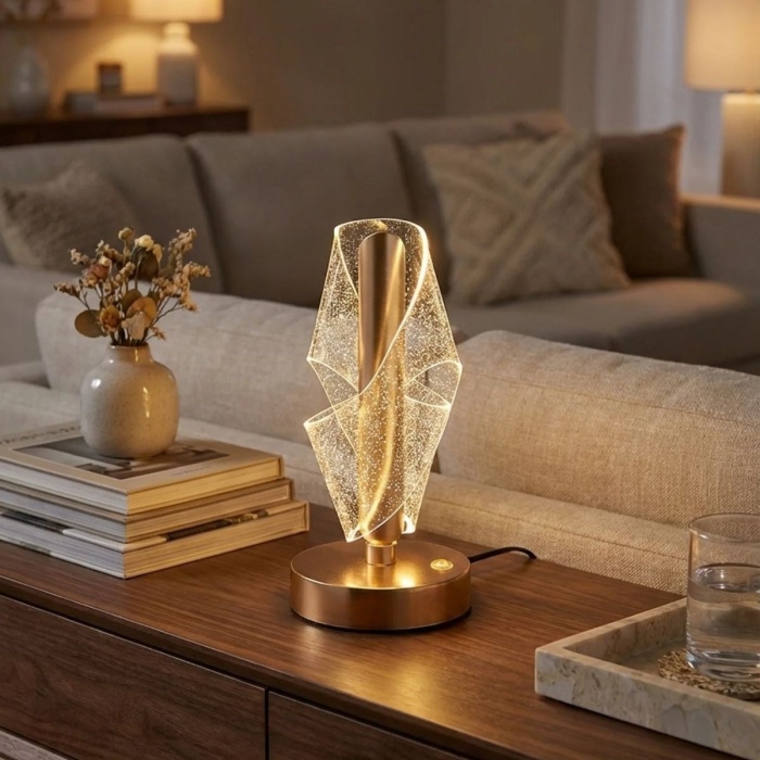 BUFFER® Çapraz Kavisli Ters Kristal Simli LED Masa Lambası – Gold Gövdeli, Dokunmatik, 3 Kademe Işık Ayarlı Şarjlı Dekoratif Lamba